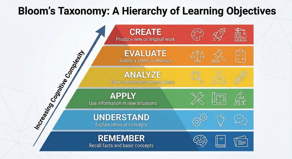 Bloom’s Taxonomy infographic showing six cognitive levels and how the HACC Gen Moodle plugin uses AI to create structured, outcome-driven digital learning content.