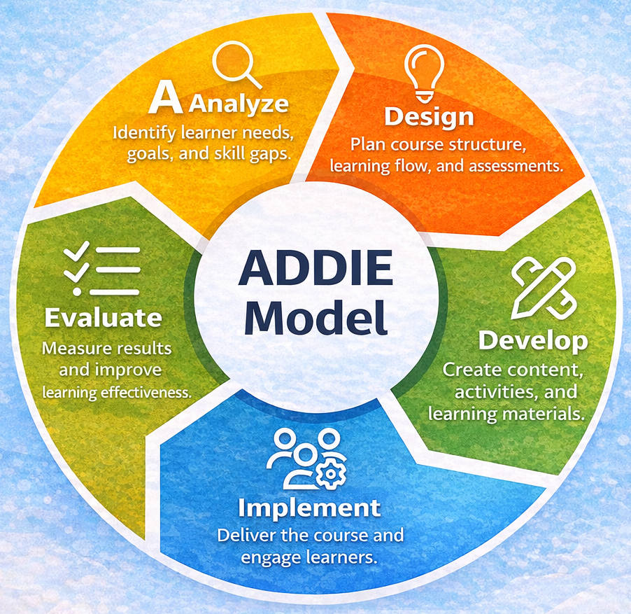 ADDIE Model infographic showing the five stages of instructional design—Analyze, Design, Develop, Implement, and Evaluate—arranged in a circular process for systematic course development.