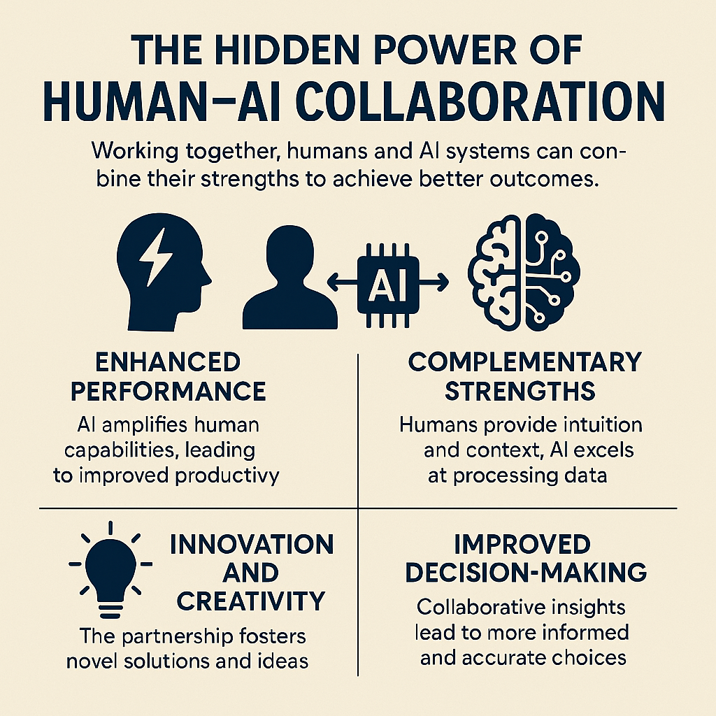 Infographic showing the key benefits of Human–AI Collaboration, including enhanced performance, complementary strengths, innovation, and improved decision-making.
