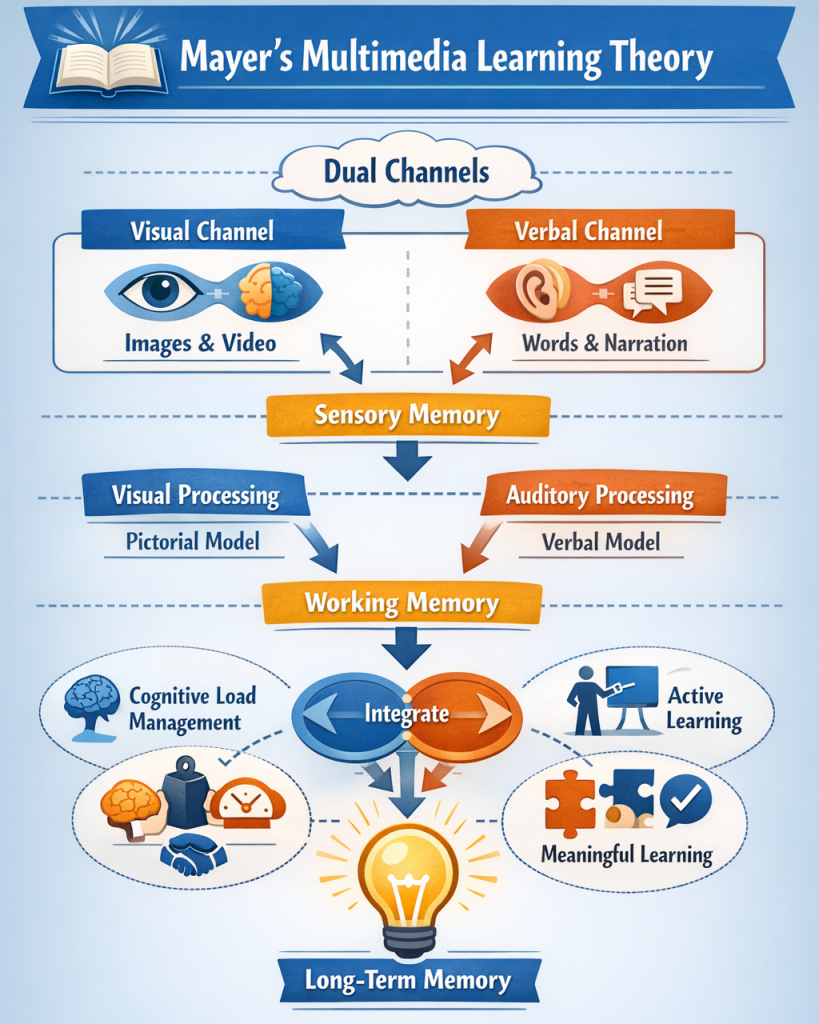 Infographic illustrating Mayer’s Multimedia Learning Theory showing visual and verbal learning channels, sensory and working memory, cognitive load management, active learning, and long-term memory retention.